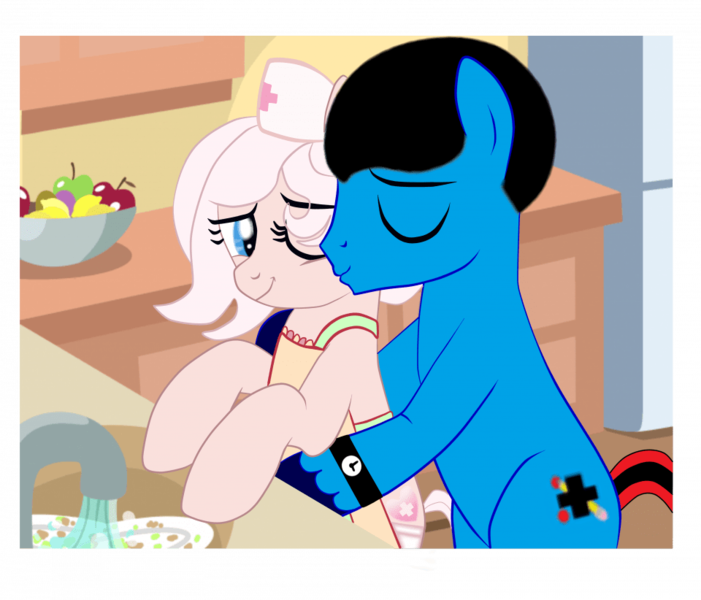 Size: 960x822 | Tagged: safe, artist:yesic01, derpibooru import, oc, unofficial characters only, pony, base used, duo, female, image, kiss on the cheek, kissing, kitchen, male, mare, png, stallion