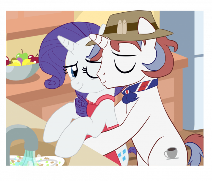 Size: 960x822 | Tagged: safe, artist:yesic01, derpibooru import, rarity, oc, pony, unicorn, apron, base used, clothes, duo, female, image, kiss on the cheek, kissing, kitchen, male, mare, png, stallion