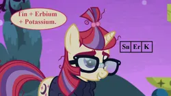 Size: 1280x720 | Tagged: safe, derpibooru import, edit, edited screencap, screencap, moondancer, amused, chemistry joke, clothes, cropped, cute, dancerbetes, glasses, image, moondancer is amused, png, pun, reaction image, speech, speech bubble, sweater, talking