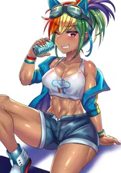 Size: 1668x2388 | Tagged: suggestive, artist:tzc, derpibooru import, kotobukiya, rainbow dash, human, abs, anime, breasts, clothes, dark skin, drink, female, goggles, grin, humanized, image, kotobukiya rainbow dash, looking at you, muscles, one eye closed, open mouth, png, shoes, shorts, smiling, sneakers, soda, soda can, solo, stupid sexy rainbow dash, tanktop, tomboy, wink, wristband