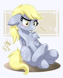 Size: 1100x1350 | Tagged: safe, artist:joakaha, derpibooru import, derpy hooves, pegasus, pony, :o, chest fluff, image, jpeg, looking down, open mouth, sitting
