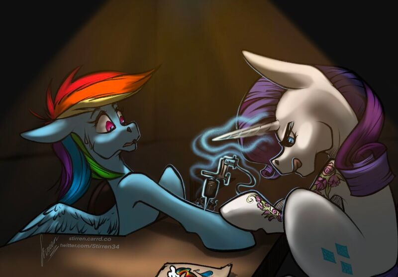 Size: 1180x820 | Tagged: safe, artist:stirren, derpibooru import, rainbow dash, rarity, pegasus, pony, unicorn, duo, duo female, female, image, jpeg, tattoo, tattoo artist