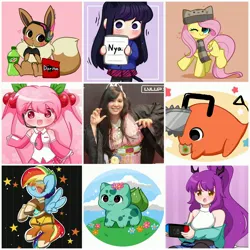 Size: 3464x3464 | Tagged: safe, artist:kittyrosie, derpibooru import, fluttershy, rainbow dash, bulbasaur, demon, eevee, human, pegasus, pony, :o, alternate hairstyle, anime, art vs artist, black background, blushing, chainsaw man, chips, clothes, cosplay, costume, cute, dashabetes, doritos, female, food, hatsune miku, high res, image, jpeg, komi can't communicate, looking at you, mare, mountain dew, nezuko kamado, nintendo, one eye closed, open mouth, overwatch, pochita, pokémon, rainbow tracer, shouko komi, signature, simple background, solo, spread wings, stars, tongue out, tracer, vocaloid, wings, wink, winking at you