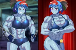 Size: 800x534 | Tagged: safe, artist:tzc, derpibooru import, rainbow dash, human, equestria girls, abs, biceps, bikini, bodybuilder, bodybuilding contest, breasts, busty rainbow dash, clothes, deltoids, exercise, female, fingerless gloves, flexing, gloves, gritted teeth, gym, gym shorts, image, jpeg, muscles, muscular female, pecs, rainbuff dash, solo, sweat, swimsuit, teeth, thighs, thunder thighs, triceps