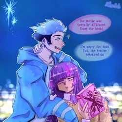 Size: 1280x1280 | Tagged: safe, artist:zamint, derpibooru import, twilight sparkle, human, book, clothes, crossover, crossover shipping, emanata, embarrassed, female, hoodie, humanized, image, jpeg, male, mordecai, mordetwi, night, night sky, outdoors, pale skin, regular show, shipping, sky, skyline, straight, tan skin, unamused