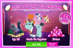 Size: 1964x1299 | Tagged: safe, derpibooru import, official, claude, pony, unicorn, advertisement, bush, clothes, costs real money, english, gameloft, gem, hat, horn, image, jpeg, male, mobile game, my little pony: magic princess, numbers, puppet, sale, solo, stallion, suitcase, sunglasses, text, top hat
