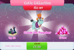 Size: 1268x858 | Tagged: safe, derpibooru import, official, claude, pony, unicorn, bundle, bush, clothes, costs real money, english, gameloft, gem, hat, horn, image, jpeg, male, mobile game, my little pony: magic princess, numbers, puppet, sale, solo, stallion, suitcase, sunglasses, text, top hat