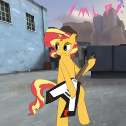 Size: 1000x1000 | Tagged: safe, derpibooru import, sunset shimmer, pony, unicorn, /mlp/ tf2 general, badwater, bipedal, electric guitar, guitar, hat, image, musical instrument, png, team fortress 2, text