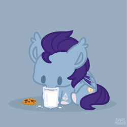 Size: 585x584 | Tagged: safe, artist:sugar morning, derpibooru import, oc, oc:wax n' wane, unofficial characters only, bat pony, pony, animated, bat pony oc, bat wings, chibi, commission, cookie, drinking, food, gif, image, male, milk, mlem, no sound, signature, silly, simple background, solo, stallion, tongue out, wings, ych result