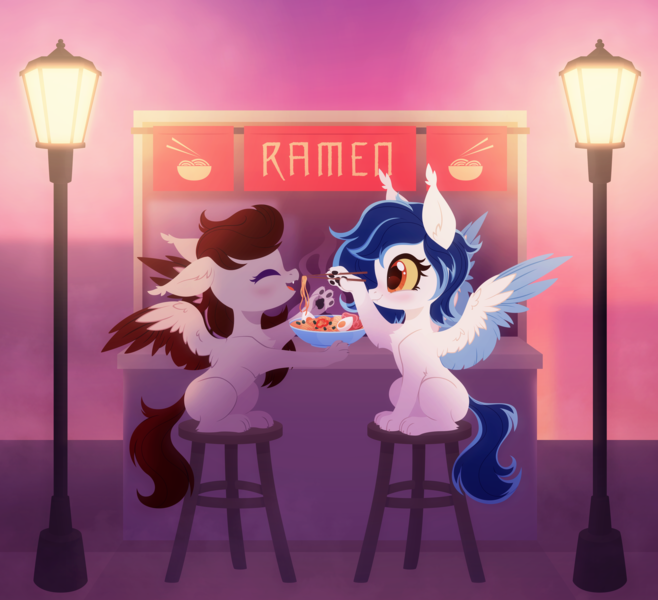 Size: 4367x3982 | Tagged: safe, artist:belka-sempai, derpibooru import, oc, oc:aurora, oc:skyfire lumia, unofficial characters only, pegasus, wolf, wolf pony, cute, food, image, noodles, paw pads, png, ramen, sitting