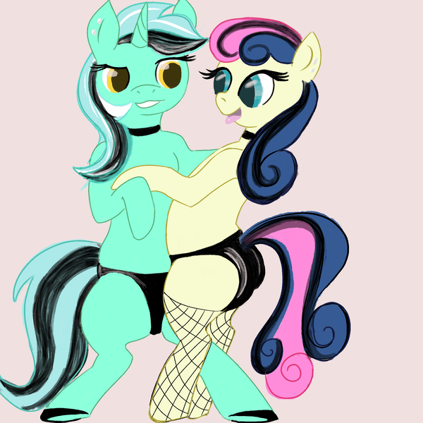 Size: 2000x2000 | Tagged: suggestive, artist:riskypony, derpibooru import, bon bon, lyra heartstrings, sweetie drops, earth pony, pony, unicorn, choker, couple, cuddling, dyed mane, dyed tail, female, fishnets, image, lesbian, piercing, png, tail, tongue piercing