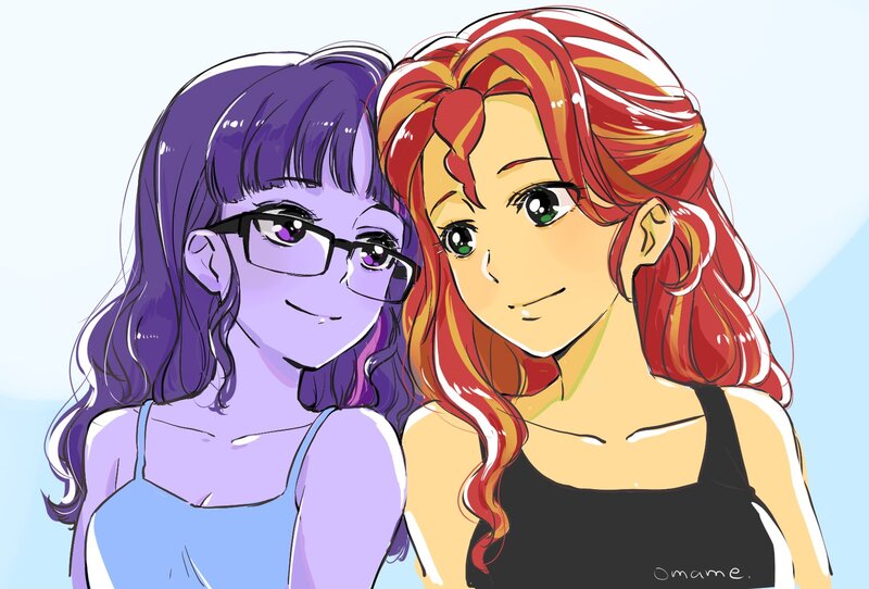 Size: 1637x1109 | Tagged: safe, artist:5mmumm5, derpibooru import, sci-twi, sunset shimmer, twilight sparkle, equestria girls, duo, duo female, female, glasses, image, jpeg, lesbian, looking at each other, looking at someone, loose hair, scitwishimmer, shipping, sunsetsparkle