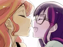 Size: 1060x793 | Tagged: safe, artist:5mmumm5, derpibooru import, sci-twi, sunset shimmer, twilight sparkle, equestria girls, about to kiss, eyes closed, female, glasses, image, jpeg, laughing, lesbian, loose hair, scitwishimmer, shipping, simple background, sunsetsparkle, white background