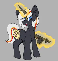 Size: 636x661 | Tagged: safe, artist:reddthebat, derpibooru import, oc, oc:velvet remedy, unofficial characters only, pony, unicorn, fallout equestria, ear fluff, female, gray background, gun, image, jpeg, levitation, looking at you, magic, mare, open mouth, open smile, simple background, smiling, smiling at you, solo, telekinesis, weapon