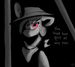 Size: 2392x2124 | Tagged: safe, artist:reddthebat, derpibooru import, oc, oc:number nine, unofficial characters only, earth pony, pony, bandana, black and white, black background, female, grayscale, helmet, image, jpeg, looking at you, mare, mining helmet, monochrome, partial color, simple background, solo, talking to viewer