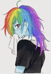 Size: 933x1343 | Tagged: safe, artist:5mmumm5, derpibooru import, rainbow dash, equestria girls, alternate clothes, female, image, jpeg, side view, solo, solo female, tissue