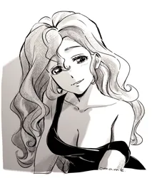 Size: 848x932 | Tagged: suggestive, artist:5mmumm5, derpibooru import, sunset shimmer, equestria girls, black and white, breasts, busty sunset shimmer, clothes, dress, female, grayscale, image, jpeg, monochrome, signature, solo, solo female