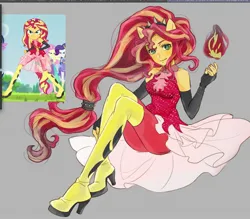 Size: 1684x1472 | Tagged: safe, artist:5mmumm5, derpibooru import, screencap, sunset shimmer, cheer you on, equestria girls, equestria girls series, spoiler:eqg series (season 2), boots, clothes, female, fire, gray background, image, jpeg, ponied up, scene interpretation, shoes, simple background, solo, solo female, spiked headband