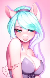 Size: 750x1159 | Tagged: suggestive, artist:therocknrollmartian, derpibooru import, oc, unofficial characters only, anthro, big breasts, breasts, bunny suit, cleavage, clothes, female, gradient background, headband, image, jpeg, leotard, looking at you, playboy bunny, signature, solo, solo female