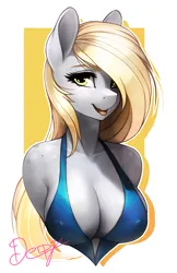 Size: 750x1159 | Tagged: suggestive, artist:therocknrollmartian, derpibooru import, derpy hooves, anthro, absolute cleavage, alternative cutie mark placement, big breasts, bikini, breasts, busty derpy hooves, cleavage, clothes, erect nipples, female, hair over one eye, hands behind back, image, jpeg, nipple outline, outline, passepartout, signature, sling bikini, solo, solo female, swimsuit, underboob, underp