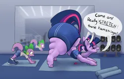 Size: 1200x762 | Tagged: suggestive, artist:parumpi, derpibooru import, spike, twilight sparkle, dragon, pony, unicorn, blushing, bottom heavy, butt, cankles, erection, eyes closed, fat, gym, gym shorts, huge butt, image, impossibly large butt, large butt, penis, png, shivering, size difference, stretching, tennis shoes, tenting, the ass was fat, thighs, thunder thighs, twibutt, twilight has a big ass, unicorn twilight, yoga