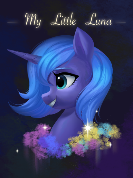 Size: 2203x2937 | Tagged: safe, artist:rily, derpibooru import, princess luna, alicorn, pony, black background, blue eyes, image, png, simple background, smiling, solo, young luna