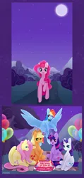 Size: 1247x2626 | Tagged: safe, artist:dreamyrat, derpibooru import, applejack, fluttershy, pinkie pie, rainbow dash, rarity, surprise, twilight sparkle, earth pony, pegasus, pony, unicorn, balloon, butt, cake, comic, evening, female, fireworks, food, hat, horn, image, looking at each other, looking at someone, looking at you, mane six, mare, moon, mountain, offscreen character, open mouth, open smile, party, picnic, pie, plot, png, shy, smiling, smiling at you, spread wings, stars, surprised, tree, village, wings
