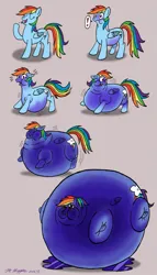 Size: 731x1280 | Tagged: suggestive, artist:necrofeline, derpibooru import, rainbow dash, pegasus, pony, bloated, blueberry, blueberry inflation, body inflation, charlie and the chocolate factory, chewing gum, expansion, food, gray background, gum, image, pink background, png, rainberry dash, signature, simple background, solo, willy wonka and the chocolate factory