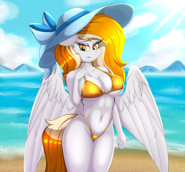 Size: 6912x6453 | Tagged: suggestive, artist:rainbownspeedash, derpibooru import, oc, oc:rita cloudy, anthro, pegasus, anthro oc, beach, big breasts, bikini, breasts, clothes, eyeshadow, female, hat, image, makeup, milf, painted nails, png, spread wings, swimsuit, wings