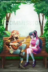 Size: 2000x3000 | Tagged: safe, artist:hiru3152, artist:lzjian79, derpibooru import, sci-twi, sunset shimmer, twilight sparkle, human, equestria girls, collaboration, commission, female, glasses, guitar, image, lesbian, musical instrument, playing, png, scitwishimmer, shipping, sunsetsparkle