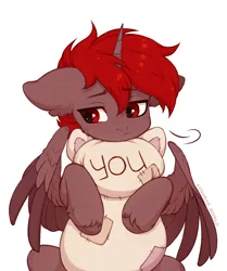 Size: 2800x3350 | Tagged: safe, artist:avroras_world, derpibooru import, oc, oc:hardy, alicorn, pony, (you), ear fluff, hug, image, lonely, male, plushie, png, sad, stallion