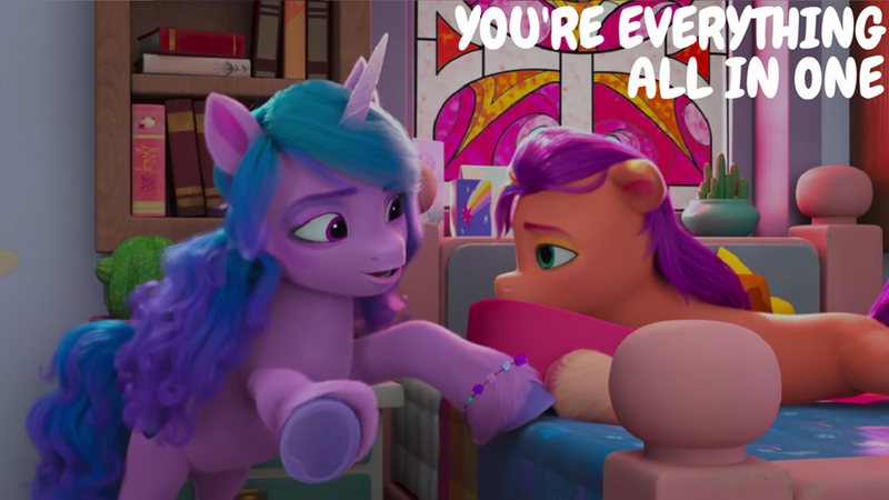 Size: 2000x1125 | Tagged: safe, derpibooru import, edit, edited screencap, editor:quoterific, screencap, izzy moonbow, sunny starscout, g5, my little pony: make your mark, my little pony: make your mark chapter 2, ali-conned, image, png