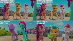 Size: 2000x1125 | Tagged: safe, derpibooru import, edit, edited screencap, editor:quoterific, screencap, hitch trailblazer, pipp petals, sunny starscout, zipp storm, g5, my little pony: make your mark, my little pony: make your mark chapter 2, growing pains, image, jazz has no ears, jazz hooves, no ears, png