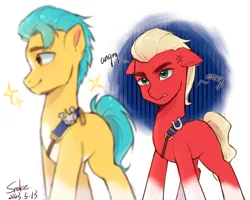 Size: 2500x2000 | Tagged: safe, artist:xiaowu07, derpibooru import, hitch trailblazer, sprout cloverleaf, earth pony, pony, g5, angry, duo, duo male, envy, image, male, png, sheriff's badge, signature, simple background, smiling, stallion, white background