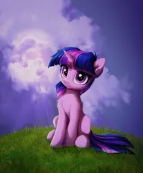 Size: 2684x3245 | Tagged: safe, artist:empress-twilight, derpibooru import, twilight sparkle, pony, unicorn, cloud, female, grass, horn, image, looking at you, multicolored hair, multicolored tail, outdoors, png, purple eyes, sitting, sky, solo, tail, unicorn twilight