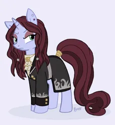 Size: 656x716 | Tagged: safe, artist:tsuyu_pony, derpibooru import, oc, unofficial characters only, pony, unicorn, clothes, ear piercing, female, frown, horn, image, jpeg, mare, piercing, simple background, solo, unicorn oc