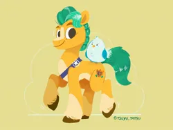 Size: 2048x1536 | Tagged: safe, artist:tsuyu_pony, derpibooru import, hitch trailblazer, bird, earth pony, pony, g5, duo, image, jpeg, male, simple background, smiling, stallion, unshorn fetlocks, yellow background