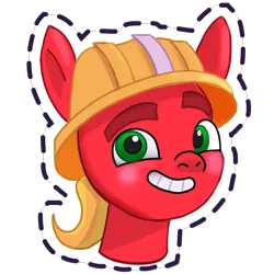Size: 1024x1024 | Tagged: safe, derpibooru import, official, sprout cloverleaf, earth pony, pony, g5, blushing, clothes, gameloft, grin, hard hat, hat, image, looking at you, male, my little pony: mane merge, png, simple background, smiling, smiling at you, solo, stallion, sticker, transparent background