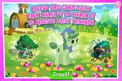 Size: 1956x1298 | Tagged: safe, derpibooru import, official, unnamed character, unnamed pony, pony, unicorn, advertisement, bush, coin, costs real money, english, female, gameloft, gem, hat, healer's mask, horn, image, jpeg, mare, mask, mobile game, my little pony: magic princess, spider web, text, tree