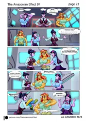 Size: 2780x3877 | Tagged: safe, artist:atariboy2600, artist:bluecarnationstudios, derpibooru import, sci-twi, sunset shimmer, twilight sparkle, human, comic:the amazonian effect, comic:the amazonian effect iv, equestria girls, breasts, buff breasts, busty sci-twi, busty sunset shimmer, busty twilight sparkle, clothes, comic, duality, female, image, muscles, muscular female, open mouth, png, sci-twi's house, smiling, sunset lifter, twolight