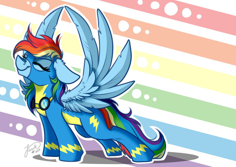 Size: 1024x725 | Tagged: safe, artist:julunis14, derpibooru import, rainbow dash, pegasus, pony, clothes, eyes closed, goggles, image, jpeg, rainbow background, smiling, solo, spread wings, stretching, uniform, wings, wonderbolts uniform