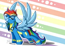 Size: 1024x725 | Tagged: safe, artist:julunis14, derpibooru import, rainbow dash, pegasus, pony, clothes, eyes closed, goggles, image, jpeg, rainbow background, smiling, solo, spread wings, stretching, uniform, wings, wonderbolts uniform