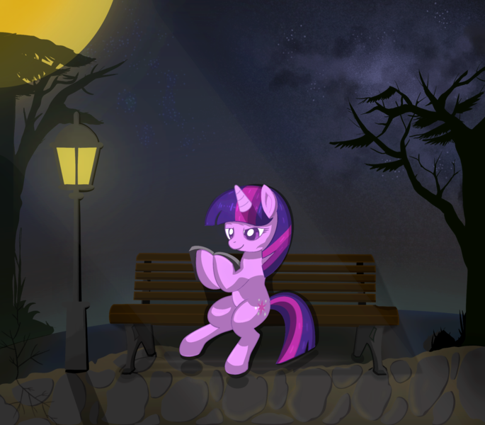 Size: 2055x1800 | Tagged: safe, artist:weiling, derpibooru import, twilight sparkle, pony, unicorn, book, chair, female, image, mare, moon, night, png, solo, tree