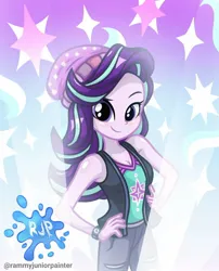 Size: 1080x1335 | Tagged: safe, artist:rjp.rammy, derpibooru import, starlight glimmer, human, equestria girls, equestria girls series, armpits, bare shoulders, beanie, blushing, breasts, cleavage, clothes, eyebrows, female, hand on hip, hat, image, jpeg, looking at you, raised eyebrow, signature, sleeveless, smiling, smiling at you, solo, tanktop, watch