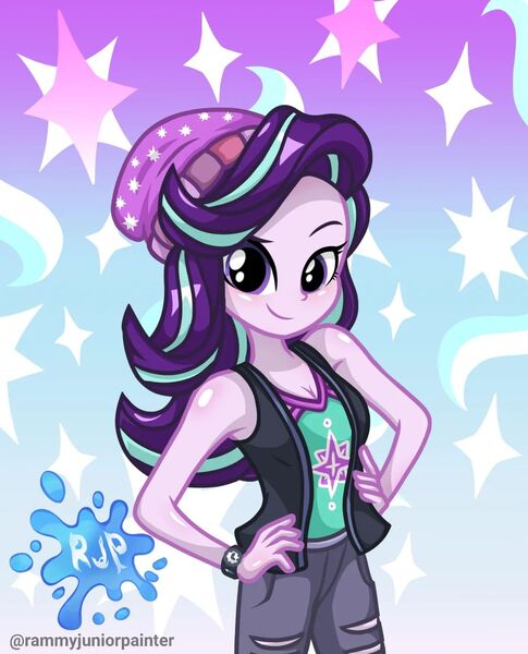 Size: 1080x1335 | Tagged: safe, alternate version, artist:rjp.rammy, derpibooru import, starlight glimmer, human, equestria girls, equestria girls series, armpits, bare shoulders, beanie, blushing, breasts, cleavage, clothes, eyebrows, female, hand on hip, hat, image, jpeg, looking at you, raised eyebrow, signature, sleeveless, smiling, smiling at you, solo, tanktop, watch