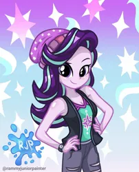 Size: 1080x1335 | Tagged: safe, alternate version, artist:rjp.rammy, derpibooru import, starlight glimmer, human, equestria girls, equestria girls series, armpits, bare shoulders, beanie, blushing, breasts, cleavage, clothes, eyebrows, female, hand on hip, hat, image, jpeg, looking at you, raised eyebrow, signature, sleeveless, smiling, smiling at you, solo, tanktop, watch