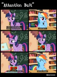 Size: 3347x4500 | Tagged: safe, artist:jaye, derpibooru import, rainbow dash, twilight sparkle, twilight sparkle (alicorn), alicorn, testing testing 1-2-3, chalkboard, comic, computer, golden oaks library, image, laptop computer, library, png, scrunchy face, show accurate, subway surfers