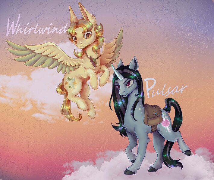 Size: 2358x1992 | Tagged: safe, artist:ponikiec, derpibooru import, oc, oc:pulsar, oc:whirlwind, pegasus, pony, unicorn, duo, female, horn, image, jpeg, pegasus oc, unicorn oc, wings