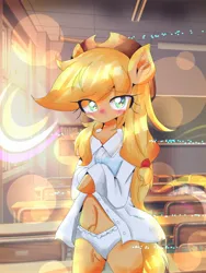 Size: 1540x2048 | Tagged: suggestive, alternate version, artist:applejack_yokai, derpibooru import, applejack, anthro, earth pony, blushing, female, image, jpeg, solo, solo female