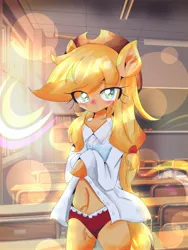 Size: 1540x2048 | Tagged: suggestive, alternate version, artist:applejack_yokai, derpibooru import, applejack, anthro, earth pony, blushing, female, image, jpeg, solo, solo female